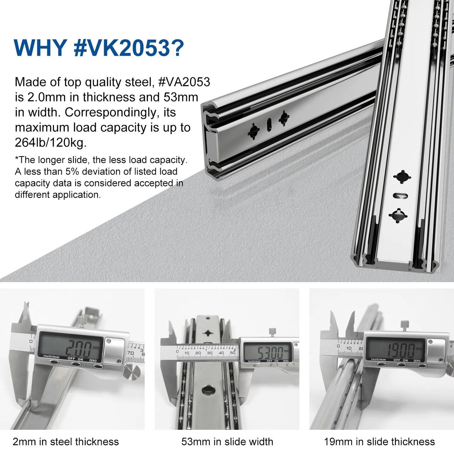 Load Capacity 120Kg Heavy Duty Drawer Runners 53MM Width, 1pair