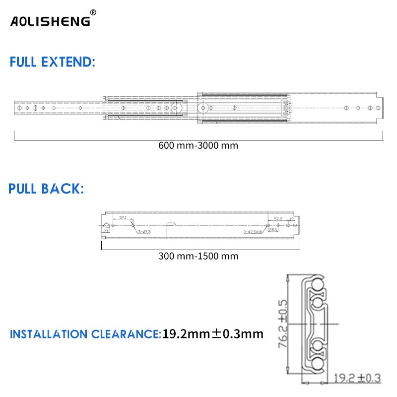Load Capacity 220 Kg Heavy Duty Drawer Runners 76MM, 1 Pair
