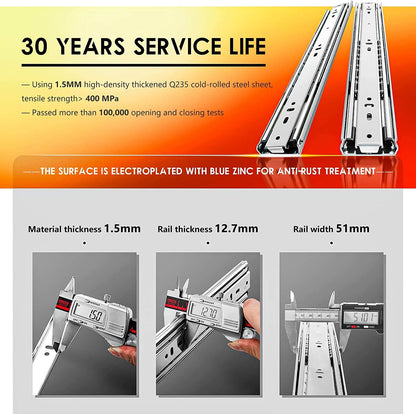 Load Capacity 68KG Stainless Steel Heavy Duty Ball Bearing Drawer Runners 51MM, 1 Pair