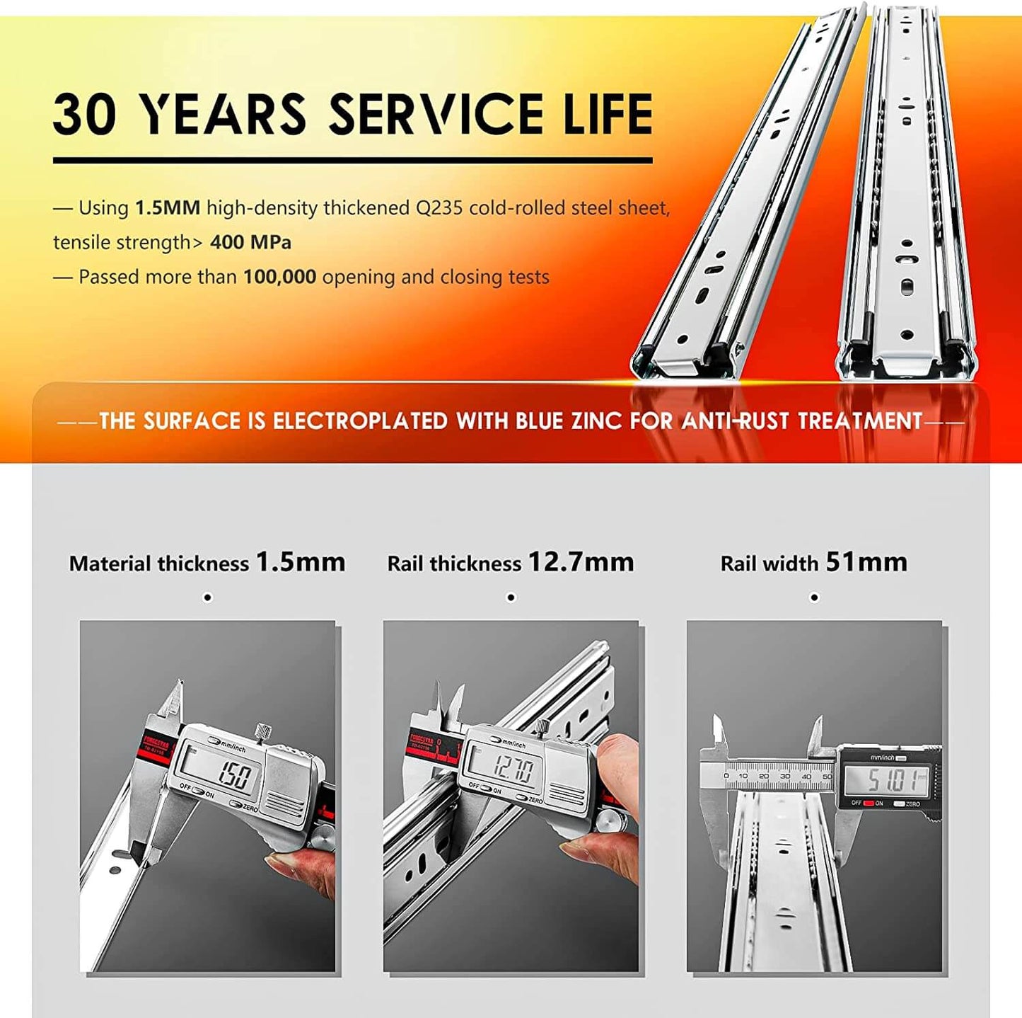 Load Capacity 68KG Heavy Duty Ball Bearing Drawer Runners N51, 1 Pair
