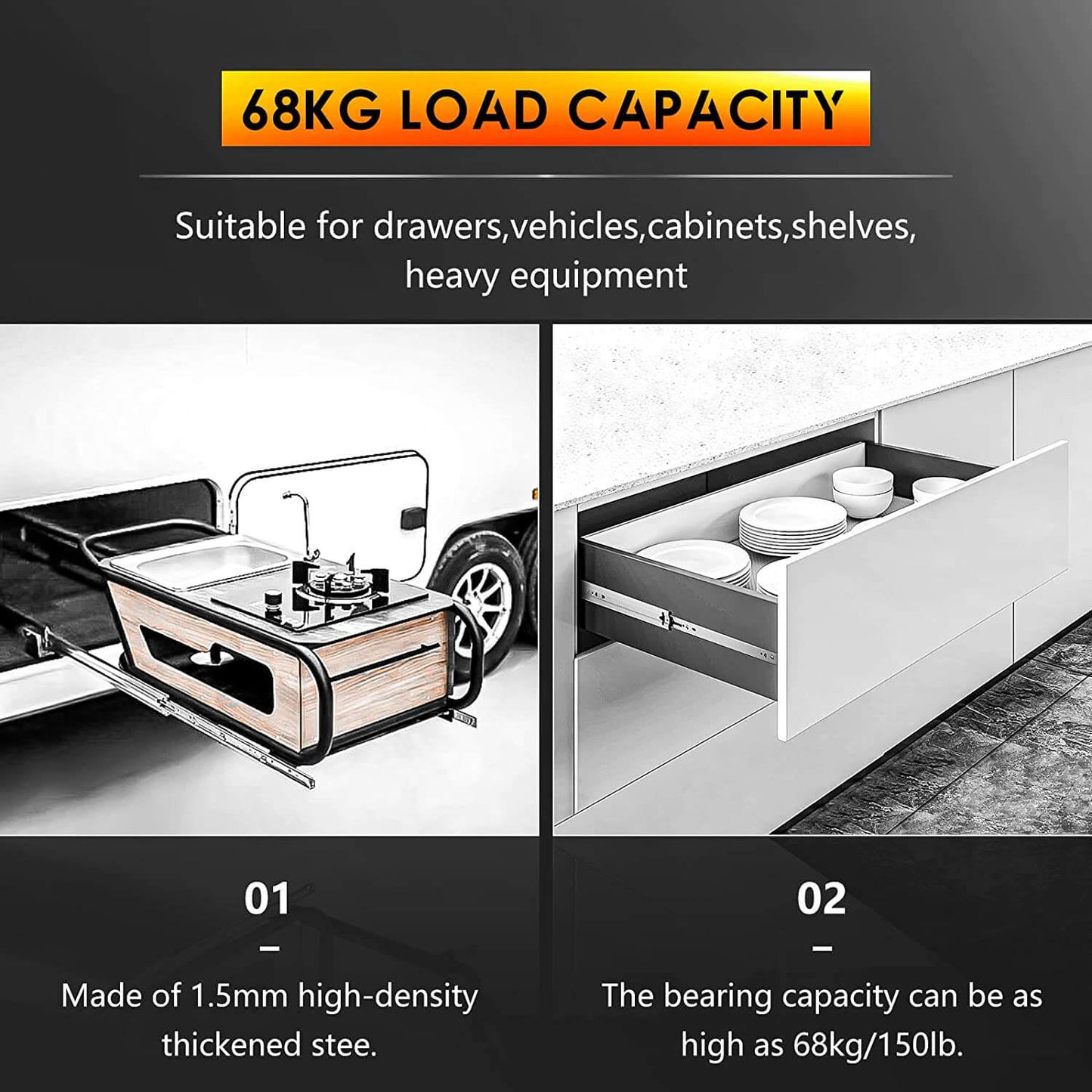 Load Capacity 68KG Heavy Duty Ball Bearing Drawer Runners N51, 1 Pair