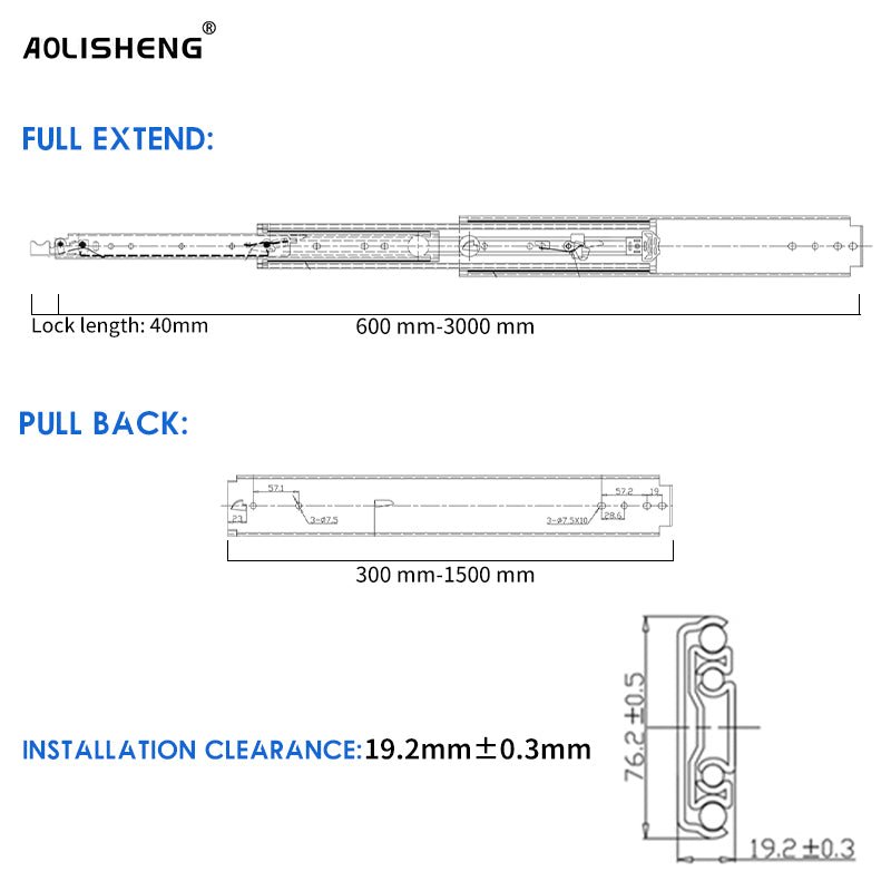 Load Capacity 220 Kg Heavy Duty Drawer Runners With Lock 76MM, 1 Pair