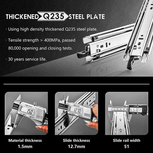 Heavy Load Capacity 68KG Duty Ball Bearing Drawer  Runners With Lock 51MM, 1 Pair