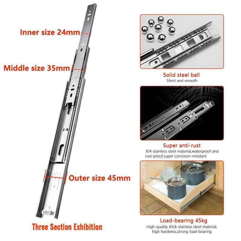 Stainless Steel Ball Bearing Drawer Runners 45MM, 1 Pair